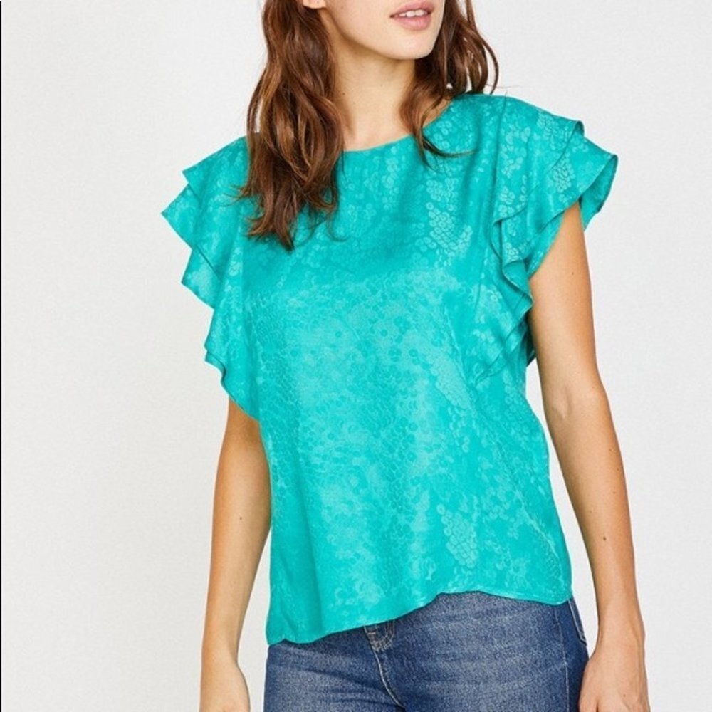 Koton teal textured ruffle short sleeve  t-shirt